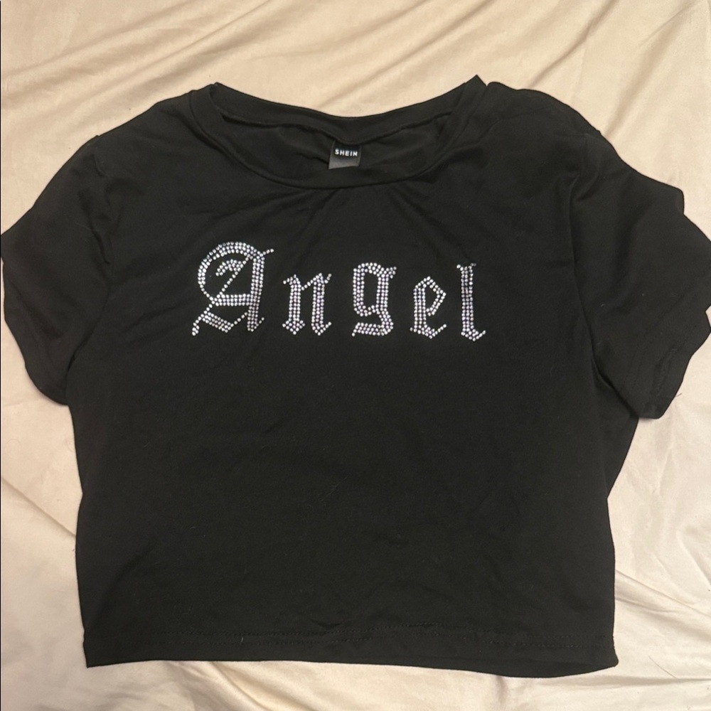 Black 'Angel' Graphic Crop Top